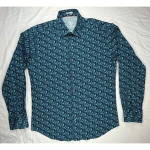 Bugatchi Men's Medium Blue/Teal Abstract Cotton Button Down Long Sleeve Shirt